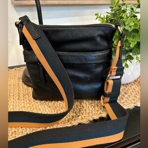 Mark & Graham black crossbody pebbled leather with twill strap gold hardware